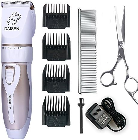 DAISEN Low Noise Rechargeable Cordless Cat and Dog Clippers - Professional Pet Clippers Grooming Kit,animal clippers Pet Grooming Kit with Scissors and Combs (White)