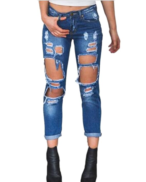 ZhuiKun Damen Boyfriend Jeanshose Röhre Loch Hosen Denim Jeans Hose