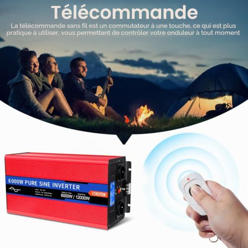 ETREPOW 6000 W 24 V 220 V/230 V Pure Sine Inverters Transformer - 2 EU AC Power Socket, 1 USB Port, Wireless Remote Control and LCD Screen, for Trucks, Camping, Travel