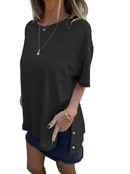 TANKANEO WOMENS SHORT SLEEVE T SHIRTS SUMMER TOPS CREW NECK SIDE SPLIT CASUAL LOOSE FIT TEE BLOUSE BLACK