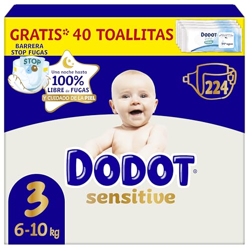 Pañales Bebé Sensitive, Talla 3 (6-10 kg), 224 Pañales + Regalo de 40 Toallitas Aqua Pure 99% Agua, Hasta 12 h De Protección Antifugas y Cuidado de la Piel, Pack Mensual