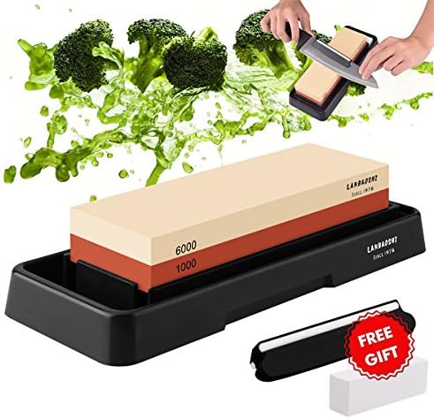 Knife Sharpening Stone, Whetstone Dual Sided 1000/6000 Grit Waterstone with Angle Guide Non Slip Rubber Base Holder, Knife Sharpeners Tool Kit for Kitchen Hunting Camping Hiking Tactical Pocket Travel