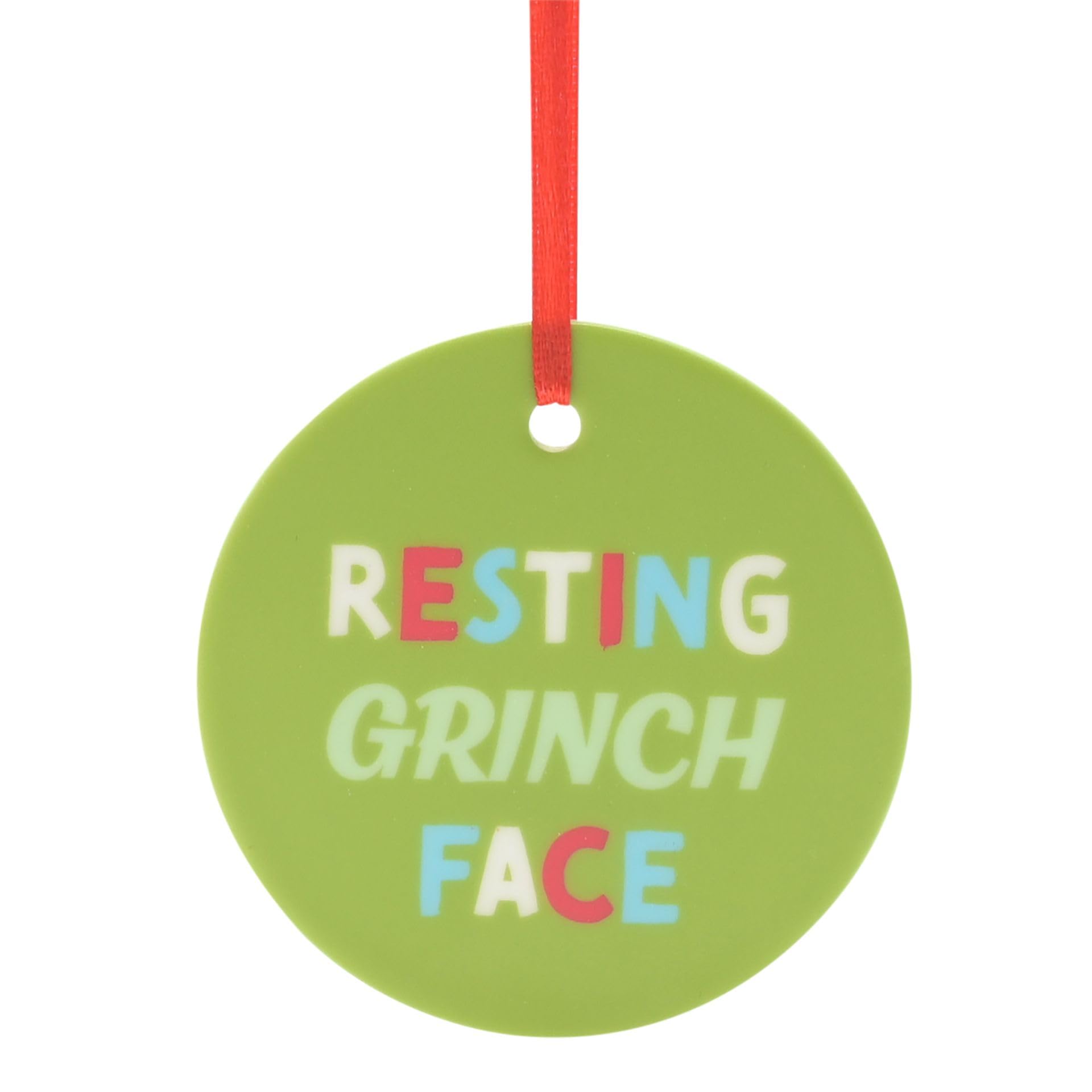 The Seasonal Gift Co - Round Ornament with Ribbon - Resting Grinch Face - Novelty Hanging Xmas Tree Pendant Decoration For Festive Gifting & Home Decor. 7 x 7cm.