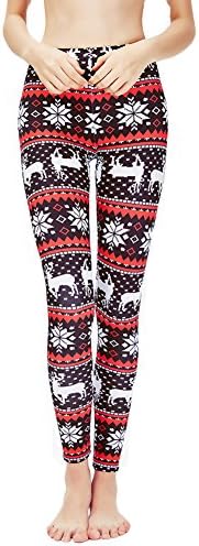 Ensasa Womens Autumn Winter Snowflake Graphic Printed Stretchy Leggings Pants (X-Small, Black White Red Flake)