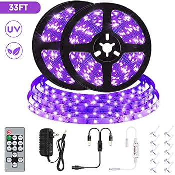 UV Black Light Strip Kit, SANCYN 33ft LED 600 Units Lamp Beads with Remote Control, 12V Flexible Blacklight Fixtures, 10m LED Ribbon for Indoor Home Bedroom Decoration Fluorescent Dance Party