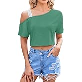 JDEEO Women's One Shoulder Crop Top Short Sleeve Summer Casual Tee Off Shoulder Asymmetrical Tops