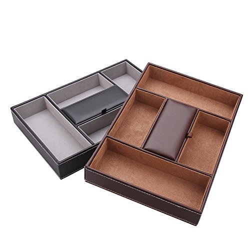 5 Compartment Leatherette Organizer Box for Wallets, Coins, Keys, and Jewelry (BROWN)