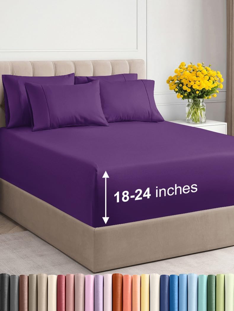 Photo 1 of Extra Deep King Sheet Set - 6 Piece Breathable and Cooling Sheets - Hotel Luxury Bed Sheets Set - Easy & Secure Fit - Soft, Wrinkle Free and Comfy Sheets Set - Purple Sheet Set with Extra Deep Pockets