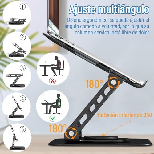 KIROGILY Soporte para Laptop Acero Carbono, Base para Laptop Plegable Estable Antideslizante y Portátil, Enfriadora para Laptop Stand con Base Giratoria de 360° y Altura Ajustable, PC/Tabletas