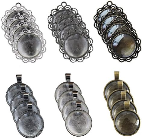 Bundle 12 Pcs Round Pendant Trays &amp; 12 Pcs Flower Circle Pendant Trays in Silver, Antiqued Silver &amp; Bronze with 24 Pcs Glass Cabochon Dome Tiles for Crafting DIY Jewelry Making, 48 Pcs (style 1)