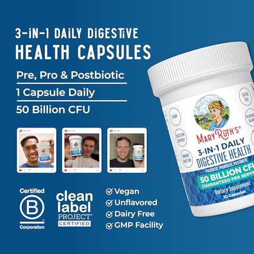MaryRuth Organics- Probióticos 3 en 1 de MaryRuth para la salud digestiva | Prebióticos y posbióticos | Suplemento para la salud intestinal
