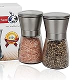 Mr Wellbeing Handheld Salt Shaker and Pepper Mill Grinder Set with Adjustable Coarseness Ceramic Rotop and Slim Brushed Stainless Steel and Glass Body
