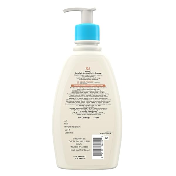 AVEENO BABY DAILY MOISTURE GENTLE BODY WASH & SHAMPOO WITH OAT EXTRACT, 2-IN-1 BABY BATH WASH & HAIR SHAMPOO, TEAR- & PARABEN-FREE FOR HAIR & SENSITIVE SKIN, LIGHTLY SCENTED, 18 FL. OZ