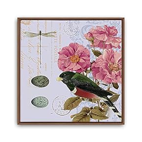 Framed Canvas Wall Art Retro Flowers and Birds Canvas Prints Home Artwork Decoration for Living Room,Bedroom - 16x16 inches