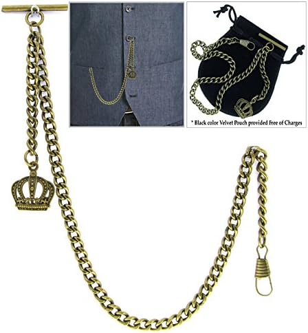 Albert Chain Pocket Watch Curb Link Chain Antique Brass Plating Fob T Bar AC05