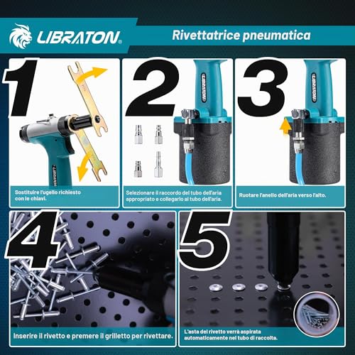 LIBRATON Pneumatic Riveter Kit, Heavy Duty Pneumatic Riveter Gu 2.4mm 3.2mm 4.0mm 4.8mm with 200c Rivet, Professional Auto Repair Tool, Suctio Design