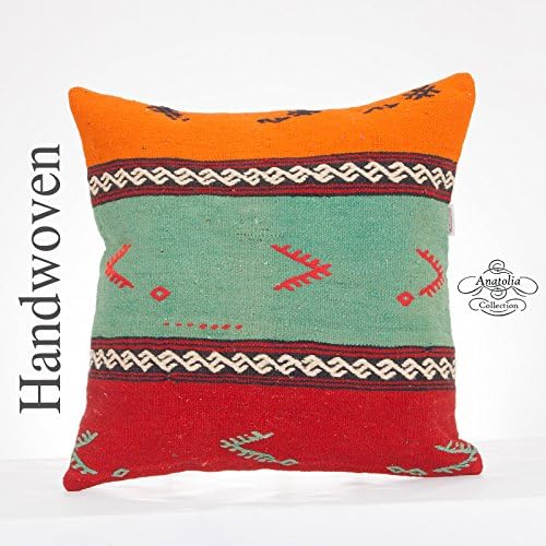 Turquoise Handwoven Kilim Pillow 20x20" Large Turkish Kelim Pillowcase Ethnic Decorative Cushion Cover