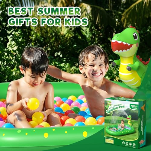 Inflatable Paddling Pool for Kids, Splash Pad for Kids, 3 in 1 Dinosaur Pattern Kids Pool Inflatables, Thickened Material with Water Pipe, Backyard Summer Water Toys for Boys and Girls Age 1+