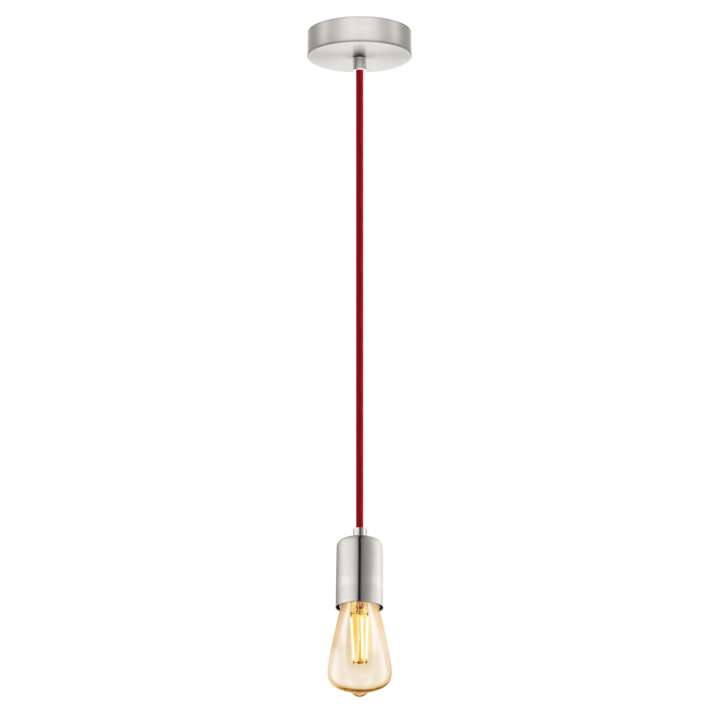 EGLO York Pendant Light, 1-Bulb Cord Pendulum, Vintage Industrial Pendant Light Made of Steel in Matt Nickel, Cable in Red, Dining Table Lamp, Living Room Lamp Hanging with E27 Socket