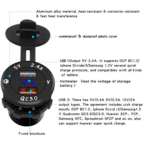 ShinePick Upgraded Aluminum Alloy Quick Charge 3.0 USB Charger Socket & 2.4A USB Port IP66 Waterproof Dual USB Power Outlet with Voltmeter for Car Boat Marine Rv Motorcycle(Blue)