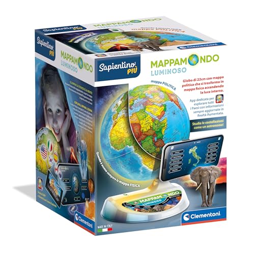 Clementoni Sapientino Più - Mappamondo Luminoso, Gioco Educativo per Bambini dai 7 Anni in su, Globo Educativo 22cm con App Dedicata in Realtà Aumentata, Made in Italy, Lingua Italiana, 16468