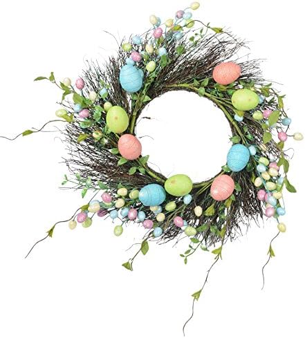 24 Inch Spring Easter Wreath with Glittered Eggs and Vines on a Natural Twig Base