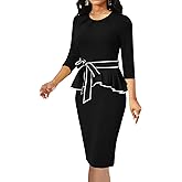 Women's Vintage Church Bodycon Pleated Crew Neck Work Midi Pencil Dress