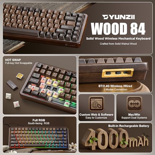 YUNZII WOOD84 Wireless Gaming Mechanical Keyboard 75% in Wood, Bluetooth/2.4G/USB-C, RGB Backlight, Tray, Hot-Swap with PBT Keys for Mac/PC, QWERTY (Candy)