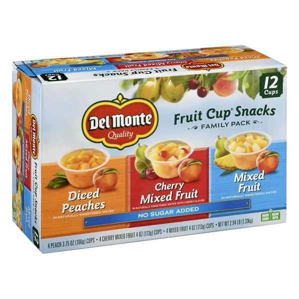 DEL MONTE, FRUIT CUP SNACKS, DICED PEACHES CHERRY MIXED FRUIT MIXED FRUIT, FAMILY PACK, 12 COUNT