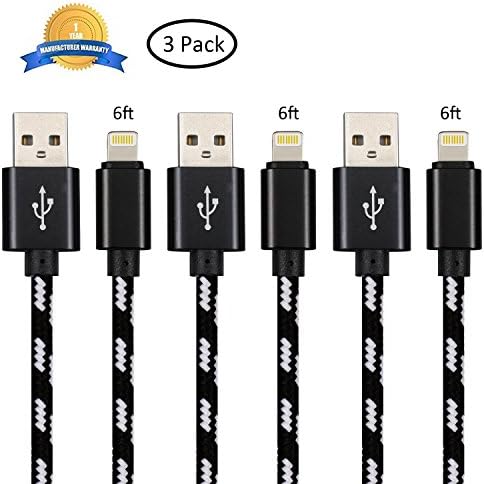 NEXCABLE 3Pack 6Feet Nylon Braided 8 Pin Lightning to USB Charger Charging Cable Cord Compatible with iPhone 7/7 Plus/6s/6s Plus/6/6 Plus/5/5S/5C/SE/iPad and iPod(Black)