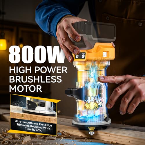 MtiolHig 30,000 RPM Compact Router compatible with DeWalt 20V, 6 Variable Speeds Cordless Router Tool for Woodworking, 800W Fixed Base Wood Router with Trim Router Bits, Edge & Roller Guide, Tool Only