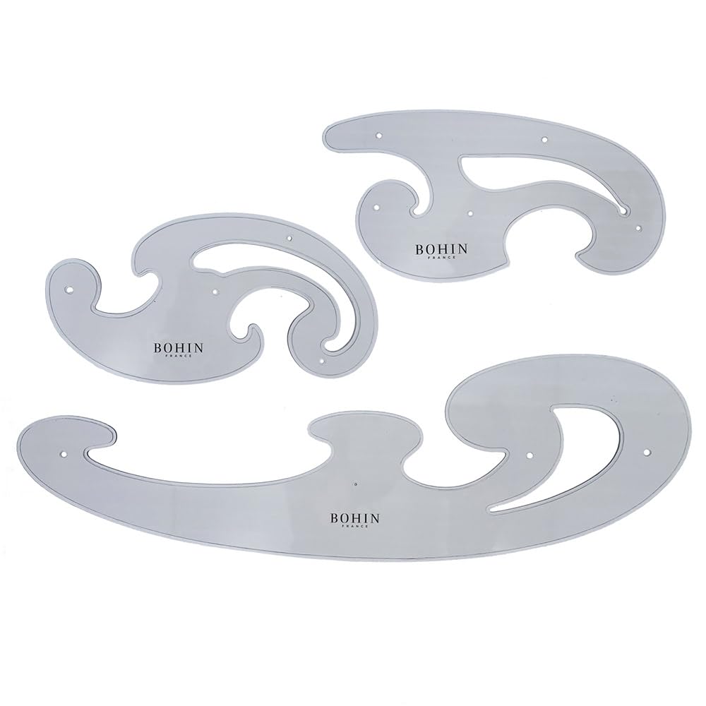 BOHIN France Curved Ruler Set - Durable and Wear-Resistant, Drawing Tool for Sewing and Pattern Making - 3 Pieces, White