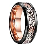 Nuncad Rose Gold Plated Celtic Dragon Tungsten Carbide Ring 8mm Mens Black Wedding Band Polished Comfort Fit Size 7 to 12
