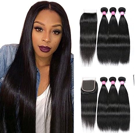 Brazilian Straight Hair With Closure 3 Bundles Unprocessed Virgin Human Hair Bundles With Lace Closure Free Part Hair Extensions Natural Color (14 16 18 + 12 Closure)