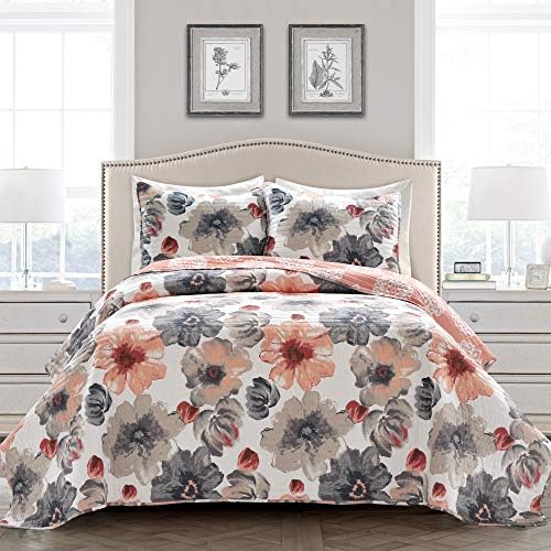 Lush Decor Leah Quilt Floral 3 Piece Reversible, Full/Queen, Coral & Grey