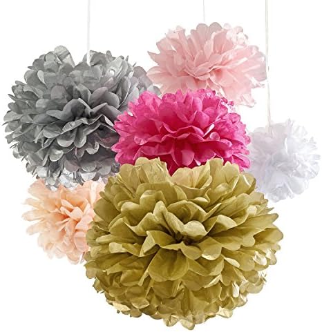 18 Tissue Paper Flowers Pom Poms For Party Decorations, Birthday Party Supplies Pink &amp; Gold, 1st Baby Girl Nursery Decoration, Kids Crafts, Bachelorette Bridal Shower &amp; Wedding Banner Decor