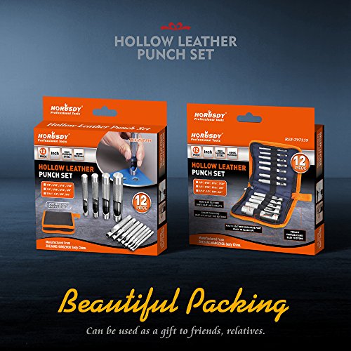 HORUSDY Heavy-Duty 12-Piece Hollow Punch Set with Holder for Punch Precise Holes in Leather or Plastic