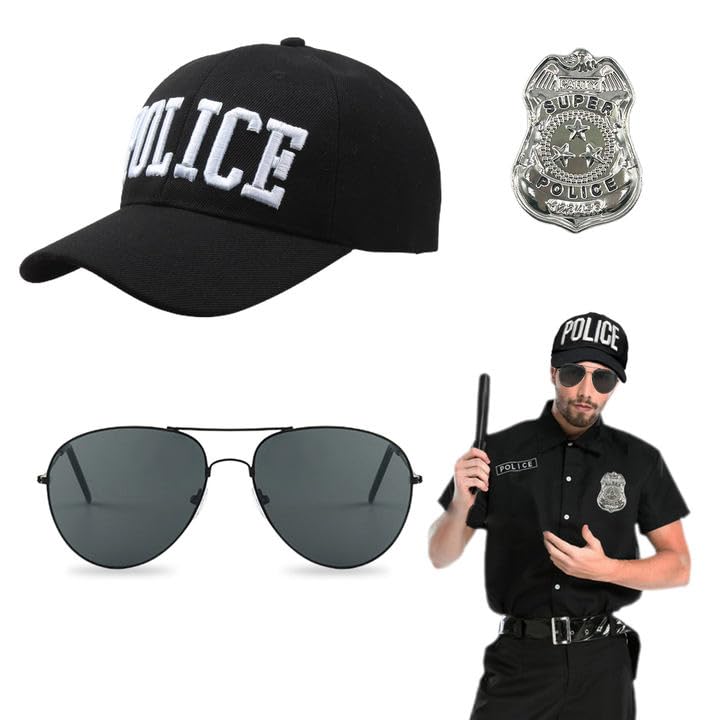 EUPSIIU 3 Pieces Police Costume Adult Kids Police Baseball Hat Sunglasses Cuffs Badge Halloween Cop Fancy Dress Hat Role Play Cosplay Party Embroidery Hats Unisex Police Cap Festival Costumes (Black)