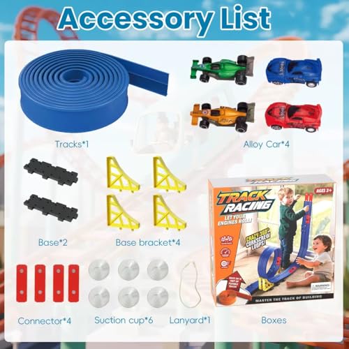 Last Page® Flexible Race Track for Kids 3+Year Old, 15ft Flex Car Tracks for Toddlers with 2 Pull-Back Cars & 2 Alloy Cars, Portable Roll Up Racing Car Tracks, Birthday for Boys Girls