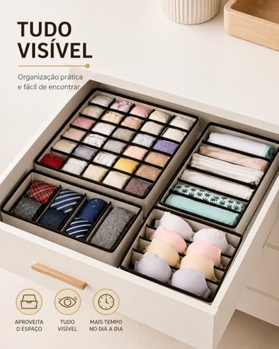 Kit Organizador de Gaveta 4 Peças, TNT Dobrável, com 24, 8, 7 e 6 Divisórias para Roupas Íntimas, Meias e Sutiã (Bege)