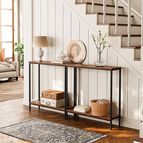 HOOBRO Narrow Console Table for Living Room, Skinny Entryway Table with Storage Shelves, Slim Sofa Table for Hallway, Industrial Console Table Entrance for Bedroom, Rustic Brown and Black EBF22XG01