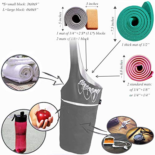 Zenifit Yoga Mat Bag - Long Tote with Pockets - Holds More Yoga Accessories. Cute Yoga Mat Holder with Bonus Yoga Mat Strap Elastics. Gray and White Yoga Mat Bags and Carriers for Women