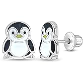 925 Sterling Silver Black Enamel Penguin Screw Back Earrings For Toddlers & Little Girls - Fun Penguin Earrings For Children's Birthday - Colorful & Fun Animal Earrings For Kids