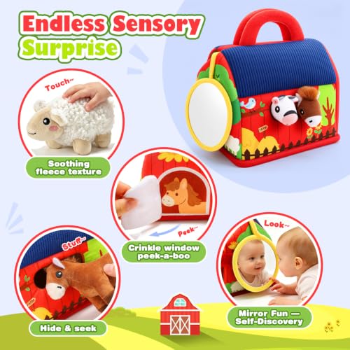 Baby Toys 6-12 Months, Plush Farm Animal Sound Toys Baby Gifts Sensory Toys for Babies Boy Girl Gift 6M+ 1 Year Old Girl Boy Newborn Gifts Toys for 1 Year Old Boys Girls Travel Newborn Toys