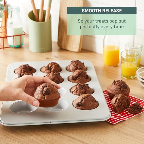 T-fal Refresh Ceramic Nonstick Baking Pans Set (8 Pc), Roaster, 12-Cup for Muffins, Loaf Trays, Baking Sheets Non Stick, Cooling Cooking Rack, Stackable Bakeware Set, Mint Green