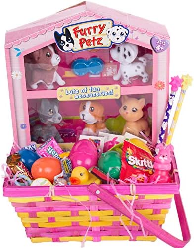 Furry Petz Dog & Cat Bobblehead Girls Toy 37pc Easter Basket Gift Set, Pink