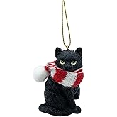 December Pets Black Longhair Tabby Kitty Cat Christmas Tree Ornament with Candy Cane Scarf