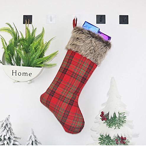 DoubleWood 4 Pack 18 inches Big Christmas Stockings Burlap Plaid Snowflake and Plush Faux Fur Cuff Stockings for Family Holiday Xmas Party Decorations