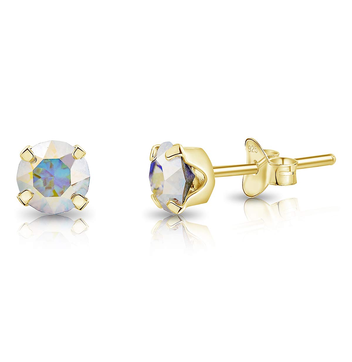 Round Solitaire Stud Earrings 925 Sterling Silver Gold Plated 24K - Small Gold Studs for Women 5 mm - Minimalist Stud Earrings with Aurora Borealis Crystal