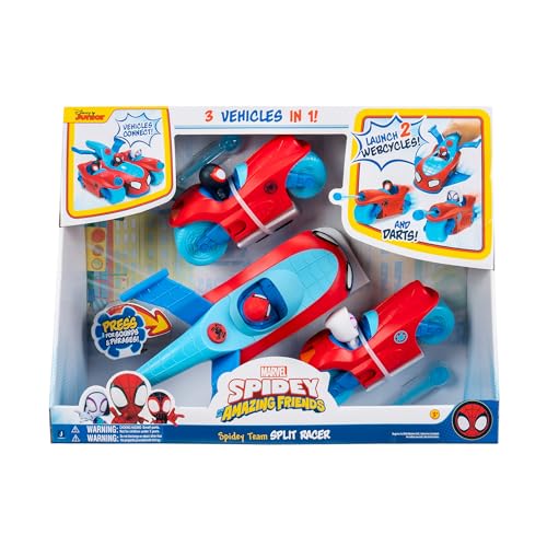 MARVEL Spidey and His Amazing Friends Spidey Team Split Racer - 8.5-Inch Three-in-One Vehicle with Web Darts, Sound Effects, and Phrases
